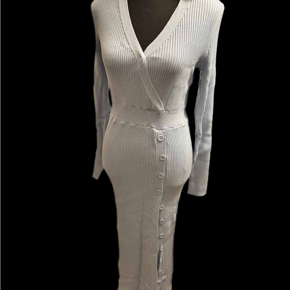 Elegant light blue Ribbed Button-Down Dress.